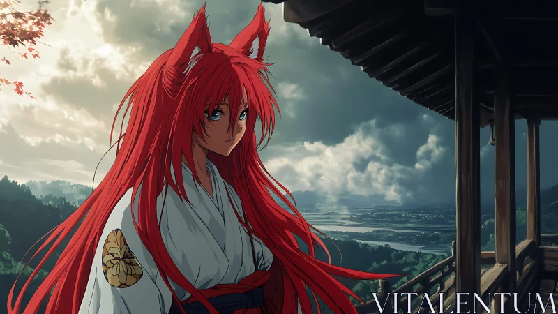 Fox-eared guardian gazes over a stormlit valley in silence