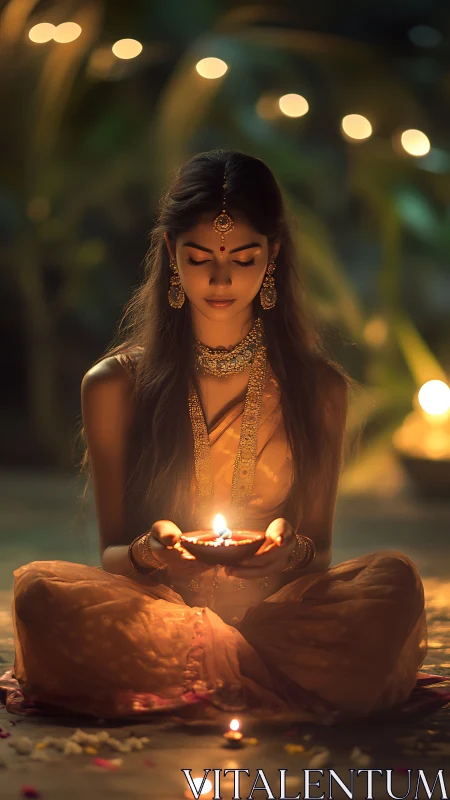 Woman in traditional attire holding lit oil lamp at night.