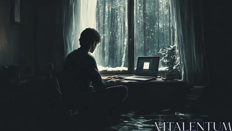 Backlit winter coder framed by window light and deep shadows