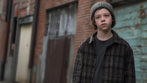 Urban depth-of-field portrait of youth in industrial alleyway.