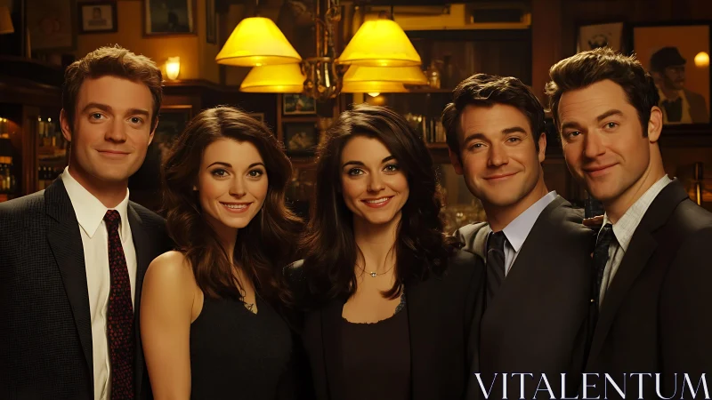 Smiling friends pose in warm barroom evening light.