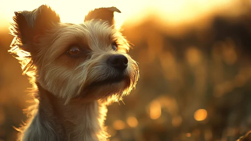 Backlit small dog portrait in warm golden hour rim lighting