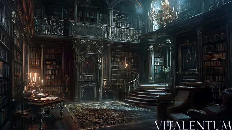 Neo-baroque digital library interior rendered in moody chiaroscuro