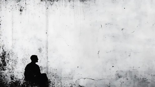 Solitary human silhouette against distressed concrete wall.