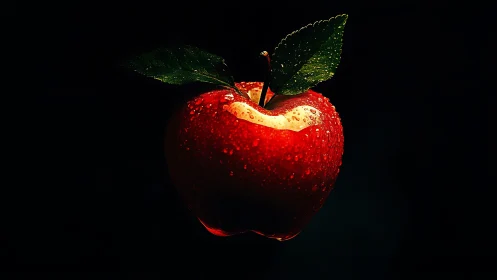 Dramatic close-up red apple with dew on black background.