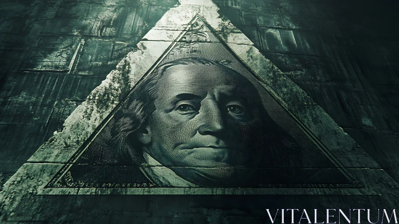 Weathered money portrait rests inside a glowing stone triangle
