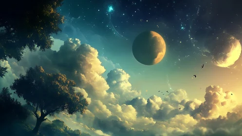 Dreamy twin planets hovering above sunlit clouds and trees.