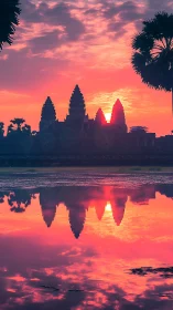 Temple silhouette and reflection under saturated pink sunset