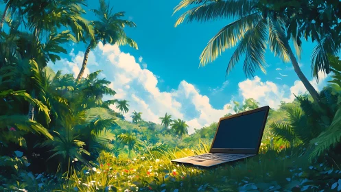 Laptop in Tropical Paradise Amid Lush Vegetation.