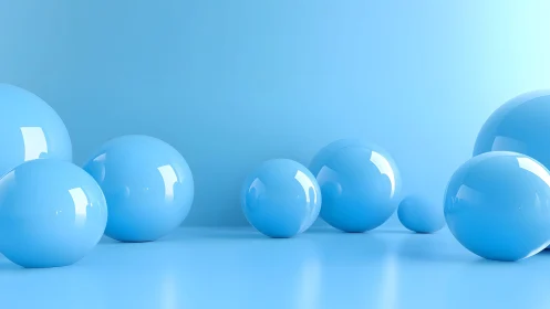 Glossy sky-blue spheres drift in a calm minimal dreamscape.