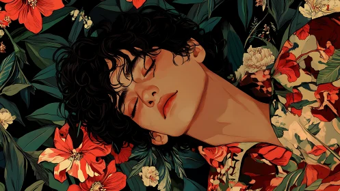 Sleeping youth framed by lush red floral foliage.