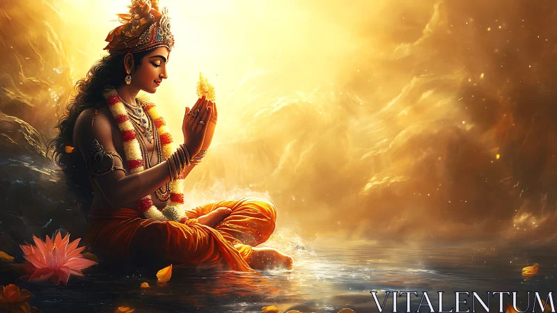 Golden meditation by the water in gentle evening light.