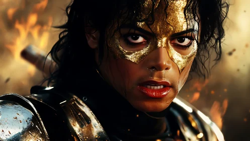 Gold masked warrior portrait with reflective armor and fire.