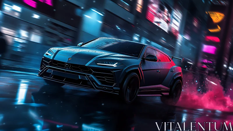 Lamborghini SUV powers through neon soaked cyberpunk streets.