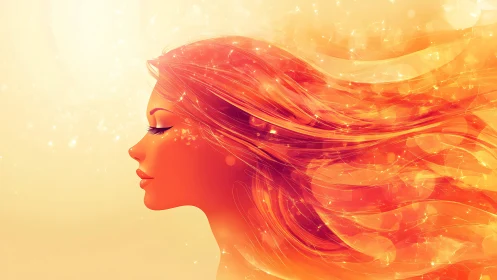 Radiant Woman Profile with Flowing Fiery Hair in Digital Art.