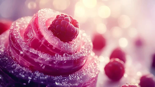 Frost-covered raspberry with bokeh background and macro detail.