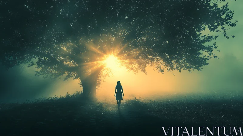 Sunbound wanderer crossing a mist-lit threshold of dawn.