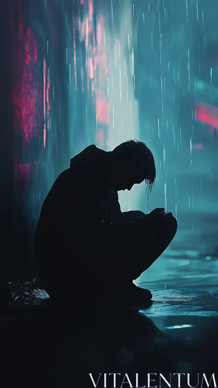 Cyberpunk silhouette in neon rain with reflective wet street.