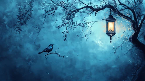 Moonlit forest lantern glows above a quiet resting bird.