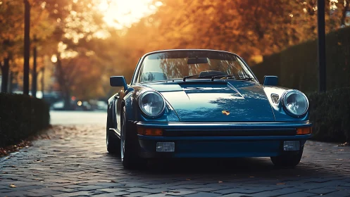 Classic blue sports cabriolet on cobblestone lane at sunset