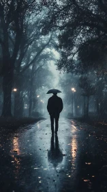 Solitary figure with umbrella on wet park road at night.