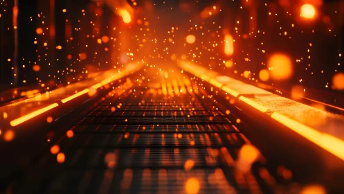 Glowing Steel Mill Conveyor with Flying Sparks in Dramatic Lighting.