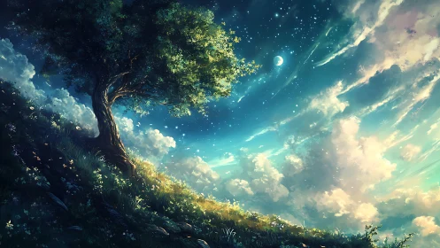 Lone hillside dreamtree leaning into a star-drenched sky.
