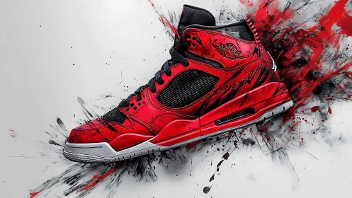 Dynamic red sneaker bursts forward in bold street art style
