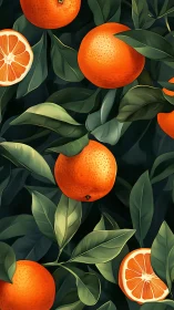 Digital citrus illustration with oranges and dark foliage.