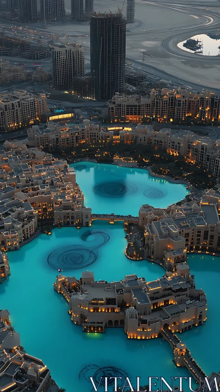Twilight aerial over turquoise urban lagoon and towers.