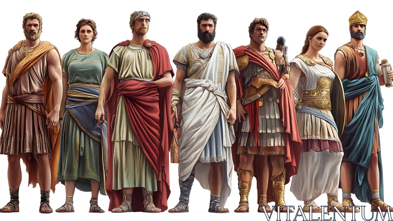 Roman leaders and citizens stand in regal historical attire