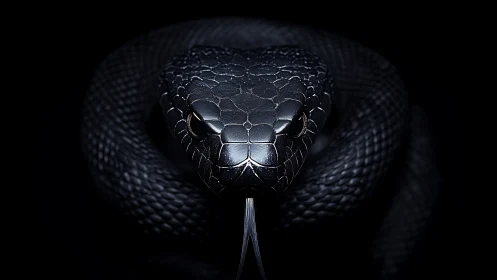 Coiled black snake in dark studio lighting close view.