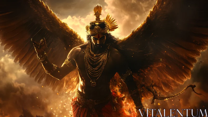 Winged deity strides through blazing skies in divine fury