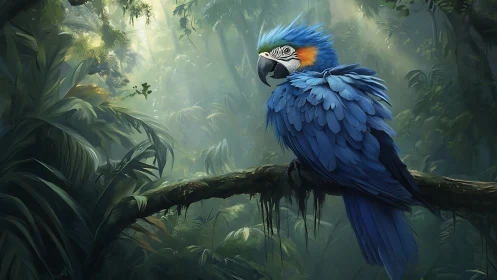 Blue macaw perched in lush misty rainforest environment.