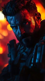 Armored soldier in intense red and blue dramatic lighting.