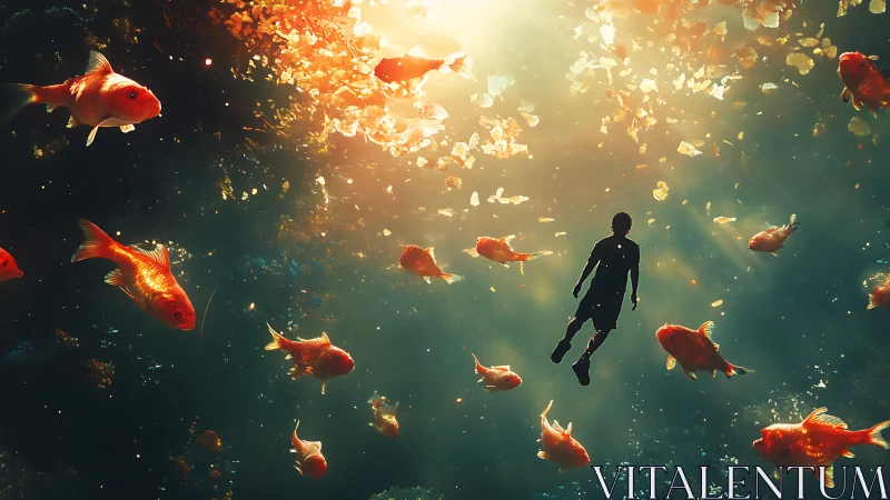 Silhouetted diver drifts through golden koi under sunlit water.