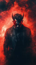 Horned humanoid figure in red smoke with leather jacket.