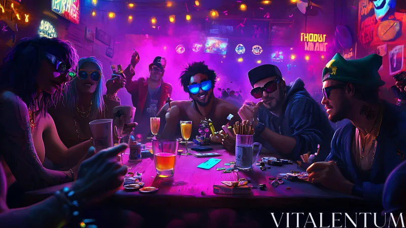 Neon-soaked poker night pulses with cyberpunk energy