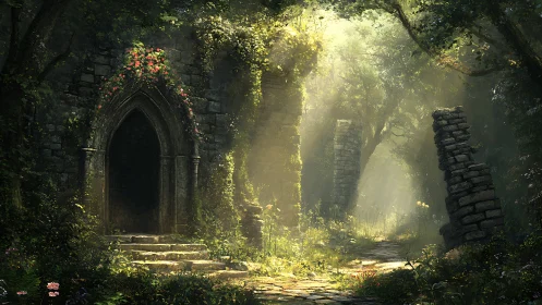 Sunlit forest ruins reveal a mysterious overgrown doorway