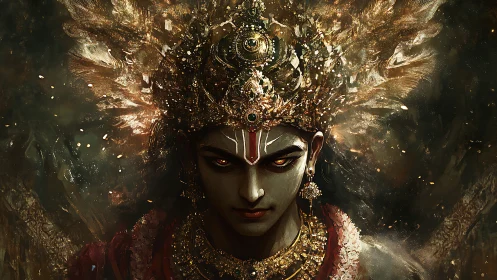 Divine figure with ornate golden crown and dark background.