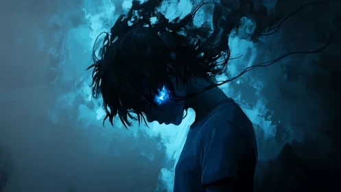 Silhouetted figure with glowing blue eye in dark haze.