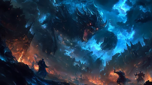 Gigantic fiery demon attacks dark fantasy fortress at night.
