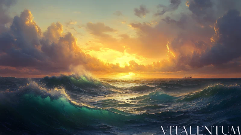 Storm-lit ocean waves catch blazing golden sunset glow.