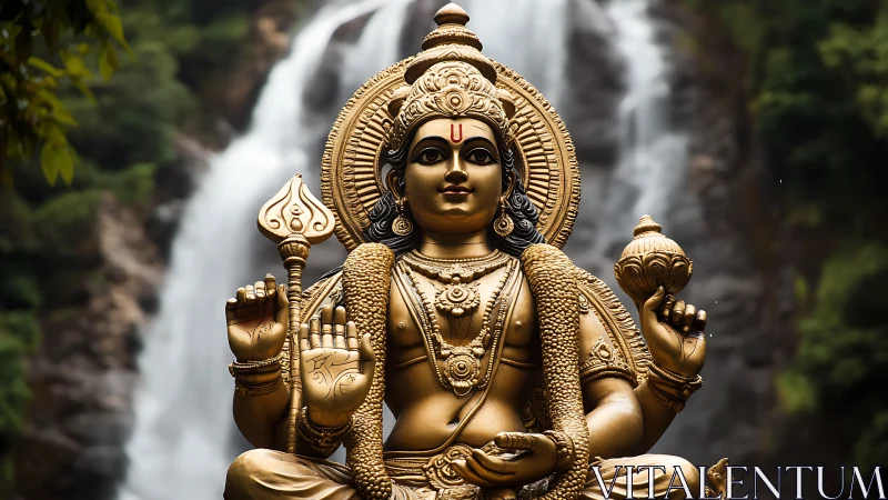 Golden deity watches over misty jungle waterfall sanctuary.