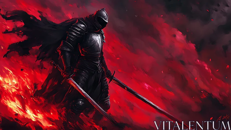Dark armored knight strides through blazing crimson fire