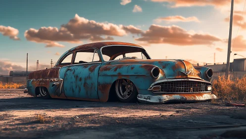 Rust-kissed lowrider waits softly beneath a glowing sky.