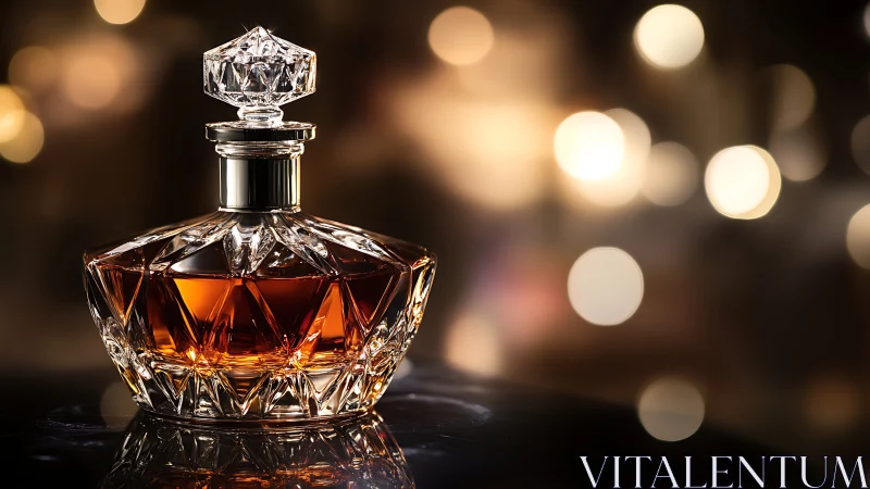 Cut crystal decanter with amber liquid on dark surface.