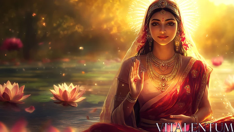Goddess figure in golden lotus pond with radiant halo.