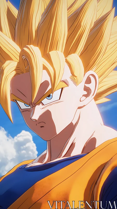 Blond spiked haired anime figure against blue sky background.