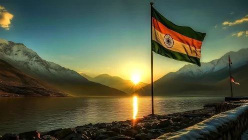 Indian flag over mountain lake at glowing sunrise horizon.